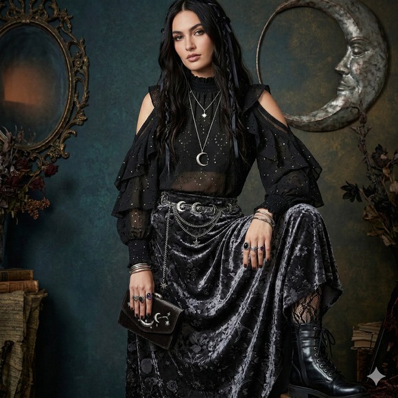 MAJE Paris Metallic Eyelet Ruffle Cold-Shoulder Blouse Sheer Size 1/S NWOT $325 - Picture 4 of 9